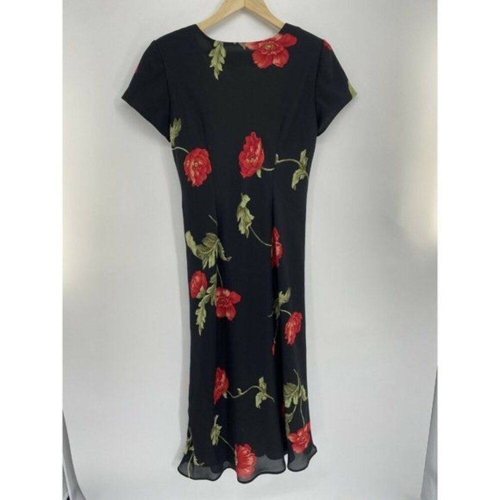 VTG Jessica Howard Women's Black Floral Lined MAXI Dress Size 10 short sleeve